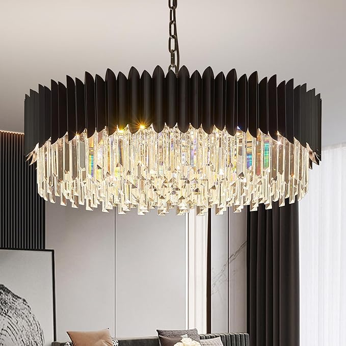30" Modern Black Crystal Chandelier 12 Lights 6-Tier Large Ceiling Pendant Light Fixture Hanging Ceiling Light for Dining Room Living Room Bedroom Entryway Foyer