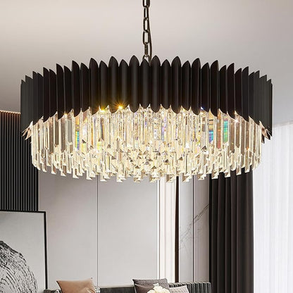 30" Modern Black Crystal Chandelier 12 Lights 6-Tier Large Ceiling Pendant Light Fixture Hanging Ceiling Light for Dining Room Living Room Bedroom Entryway Foyer