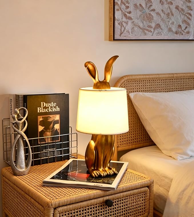 Bunny Table Lamp, Cute Animal Rabbit Lamp,Bunny Lamps,15.7" Vintage LED Desk Light with Linen Lampshade,Gold Main Part Beside Lamp for Bedroom, Study Room, Office, Nursery, Home Decor (Linen White)