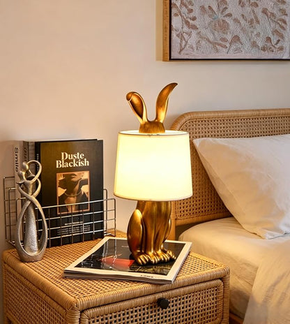 Bunny Table Lamp, Cute Animal Rabbit Lamp,Bunny Lamps,15.7" Vintage LED Desk Light with Linen Lampshade,Gold Main Part Beside Lamp for Bedroom, Study Room, Office, Nursery, Home Decor (Linen White)