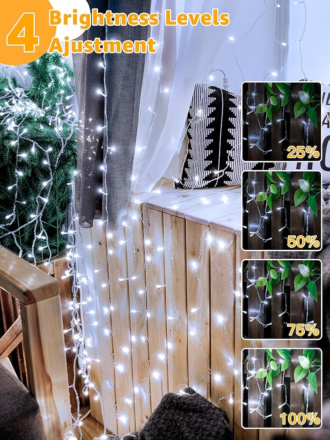 Guhope Christmas Lights 600LED 98FT, Waterproof Outdoor String Lights with Remote and Timer, 8 Modes Dimmable Fairy Lights for Indoor Outdoor Wedding Party Holiday Decorations (Cool White)