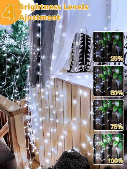 Guhope Christmas Lights 600LED 98FT, Waterproof Outdoor String Lights with Remote and Timer, 8 Modes Dimmable Fairy Lights for Indoor Outdoor Wedding Party Holiday Decorations (Cool White)