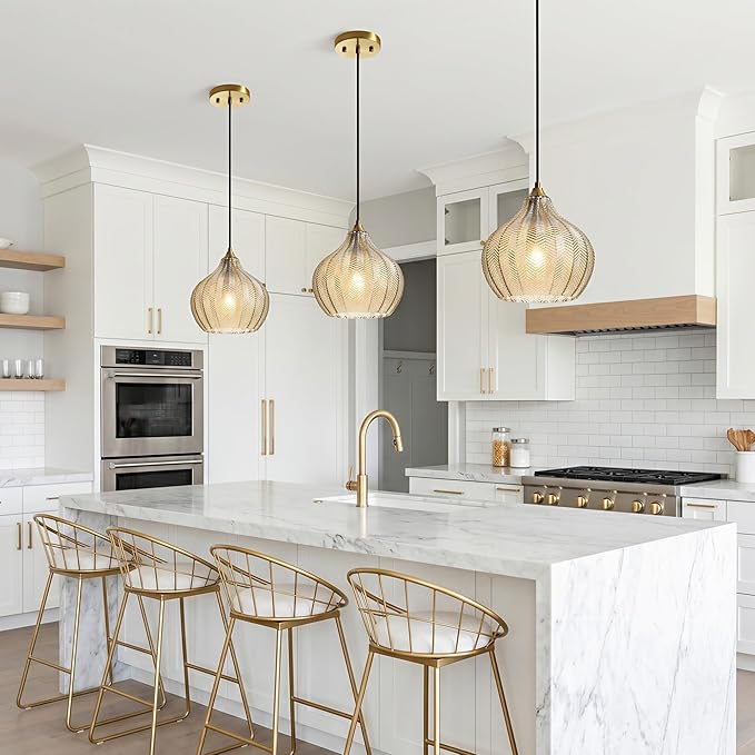 Amber Glass Gold Pendant Light, Farmhouse Kitchen Island Pendant Light Fixture Water Drop Shade, Adjustable Vintage Hanging Ceiling Light for Dining Room Corridor 1 Pack, UL Certification