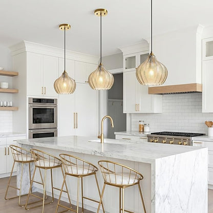 Amber Glass Gold Pendant Light, Farmhouse Kitchen Island Pendant Light Fixture Water Drop Shade, Adjustable Vintage Hanging Ceiling Light for Dining Room Corridor 1 Pack, UL Certification