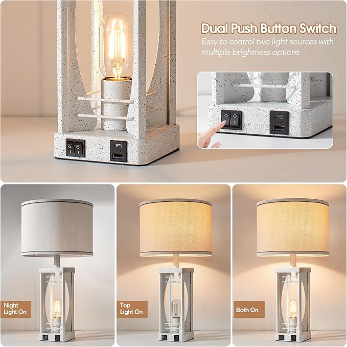 SRJJA Farmhouse Table Lamps Set of 2 for Living Room, Modern Industrial Bedside Lamps with USB A+C Charging Ports, 22.5" Dual Light Nightstand Lamp with Linen Shade for Bedroom End Tables
