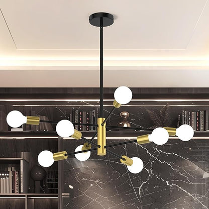 Sputnik Chandelier 8-Light, Mid Century Modern Height Adjustable Ceiling Light Fixture for Dining Room, Kitchen Island, Living Room,Bedroom-Black and Gold