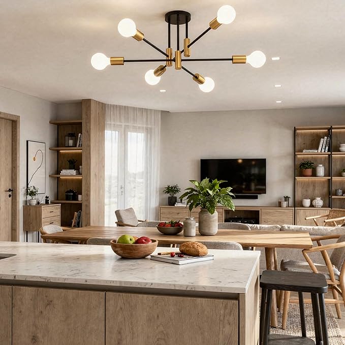 Modern Sputnik Chandelier Ceiling Light Fixtures, 6-Lights Mid Century Industrial Metal Semi Flush Mount Lamp for Bedroom Dining Room Living Room Kitchen Hallway Office-Black and Gold