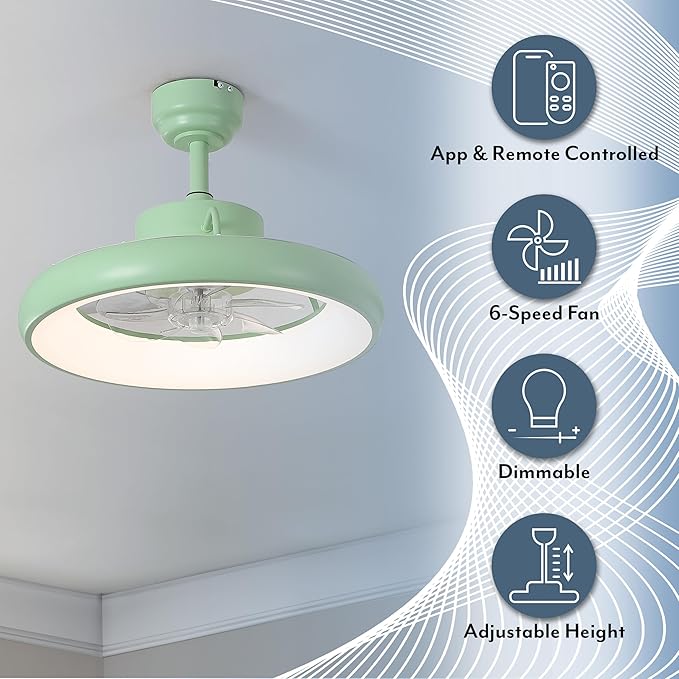 Oval AIR Loren 20" Small Smart Ceiling Fan with Light, Semi Flush Mount, Quiet 6-Speed Reversible Motor, Dimmable LED, Adjustable CCT, App & Remote Control, Scandinavian, Mint AIR8002C