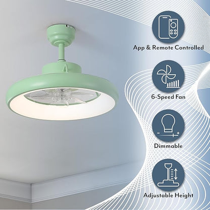 Oval AIR Loren 20" Small Smart Ceiling Fan with Light, Semi Flush Mount, Quiet 6-Speed Reversible Motor, Dimmable LED, Adjustable CCT, App & Remote Control, Scandinavian, Mint AIR8002C