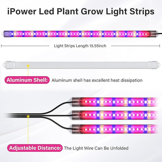 iPower 40W LED Plant Grow Light Strips Full Spectrum for Indoor Plants with Auto ON/Off 3/9/12H Timer, 10 Dimmable Levels 48 LEDs Per Tude, for Hydroponics Succulent, 3 Tubes, Mix