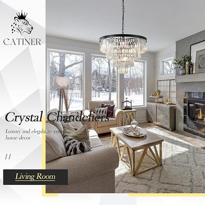 Modern Black Crystal Chandeliers,24” Ceiling Round Chandelier,Luxury Flush Mount Pendant Light Fixture with Chain Farmhouse 4 Tiers K9 Chandelier for Dining Room Bedroom Foyer
