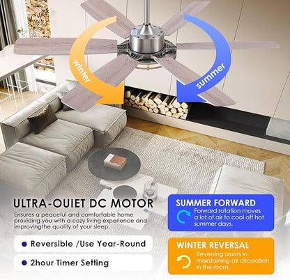 Hounberi Ceiling Fans with Lights, 52 Inch Brushed Nickel Ceiling Fan with Light and Remote Control, 3CCT, 6 Speeds, Quiet Reversible DC Motor, Dimmable, Ceiling Fan for Bedroom, Patio, Living Room