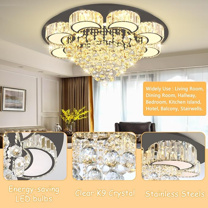 31.4" Black Modern Crystal Chandeliers for Dining Room LED Dimmable Light Fixtures Flush Mount Light Living Room Bedrooms