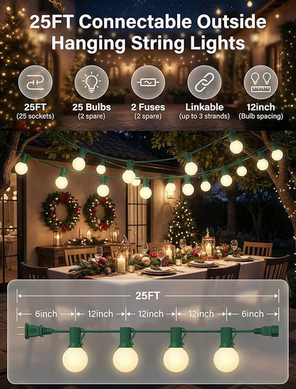 25FT G40 Frosted Christmas Lights,Globe Christmas Lights with 27 Frosted White Bulbs,Outdoor String Lights for Outside Indoor Garden Wedding Pergola Backyard Patio Xmas Tree Decor,Green Wire