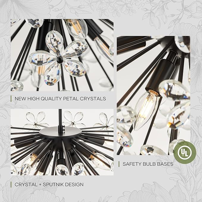 24" Modern Black Crystal Sputnik Chandelier for Dining Living Room Glam Luxury Petal Semicircle Chandelier 8-Light for Foyer Hallway Elegant Pendant Ceiling Light Fixture for Kitchen Bedroom