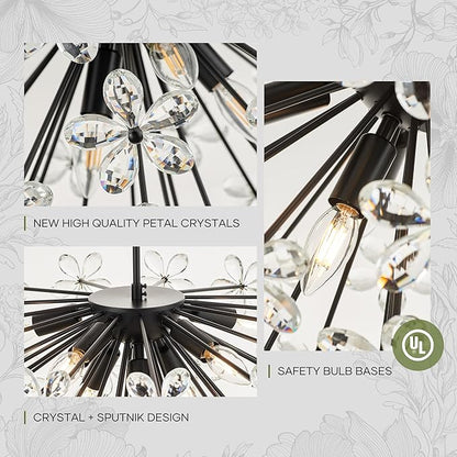 24" Modern Black Crystal Sputnik Chandelier for Dining Living Room Glam Luxury Petal Semicircle Chandelier 8-Light for Foyer Hallway Elegant Pendant Ceiling Light Fixture for Kitchen Bedroom