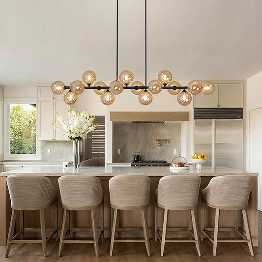 Linear Sputnik Chandelier, 55" Dining Room Light Fixture Modern Chandelier with Amber Swirled Globe 16 Lights Long Chandeliers for Dining Room Kitchen Island Large Chandelier for High Ceilings