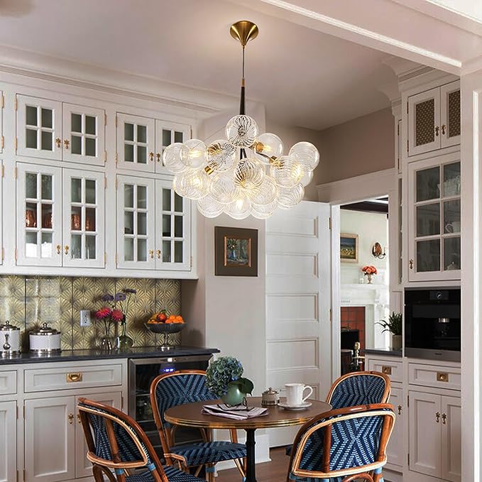 Longree Bubble Ball Glass Chandelier Black and Gold, 24 inches Swirled Blown Glass Globe Cluster Pendant Light Fixture for Bedroom Island Restaurant
