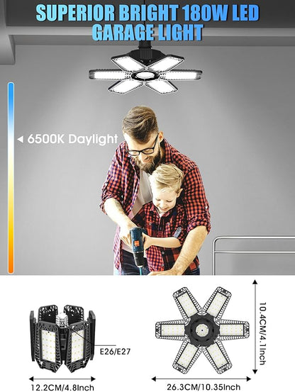 LED Garage Lights 2 Pack - 180W 18000LM Garage Lights Ceiling Led with 6 Deformable Panels, 6500K Screw in Shop Lighting Fit E26/E27 Bulb Socket, for Workshop Basement Barn Attic