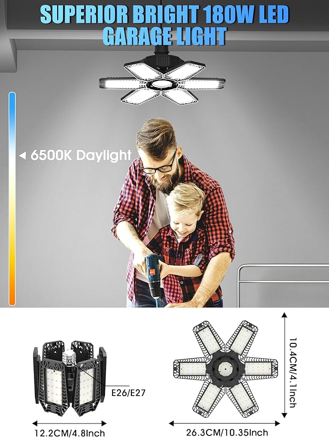LED Garage Lights 6 Pack - 180W 18000LM Garage Lights Ceiling LED with 6 Deformable Panels, 6500K Shop Lighting Screw into E26 E27 Bulb Socket, for Workshop Barn Basement Gym Warehouse