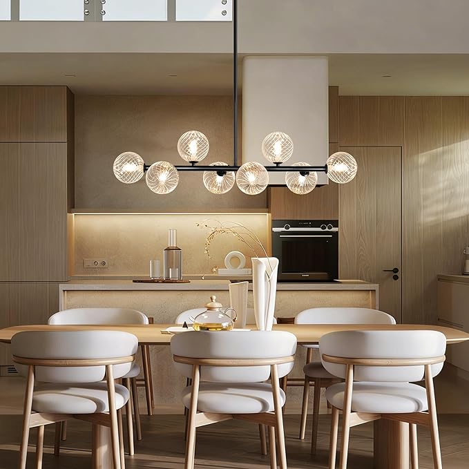 Linear Chandeliers for Dining Room, 8-Light Clear Swirled Glass Globe 37" Mid Century Modern Sputnik Chandeliers Bubble Chandelier Black Dining Room Chandelier Pendant Lights Kitchen Island