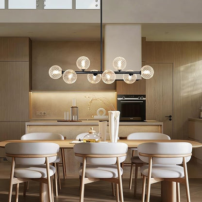 Linear Chandeliers for Dining Room, 8-Light Clear Swirled Glass Globe 37" Mid Century Modern Sputnik Chandeliers Bubble Chandelier Black Dining Room Chandelier Pendant Lights Kitchen Island