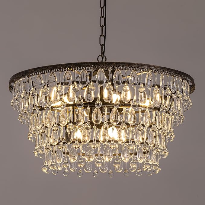 7PM Vintage Crystal Chandelier for Dining Room,28-inch Antique Crystal Ceiling Light Fixture, 5-Tier Bronze Chandelier for Living Room, Kitchen Island, Bedroom, Entryway