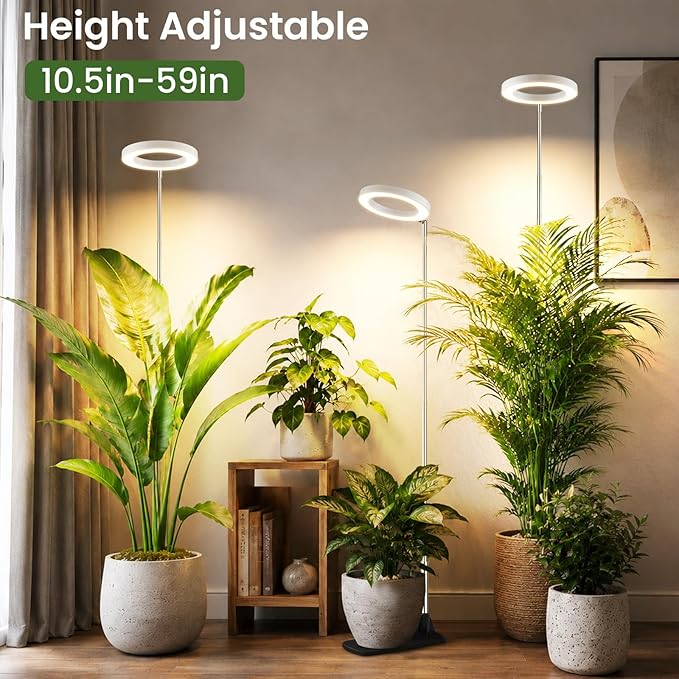 LBW Grow Lights for Indoor Plants, 6.3" Full Spectrum Plant Light with Base, 59" Height Adjustable Grow Lamp, 6/8/12/16H Auto Timer, 3 Color, 5 Dimmable Level, for Tall Large Plants, White, 2 Pack