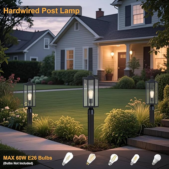 GRUENLICH Outdoor Lamp Post Light Fixtures, Exterior Pole Lantern with Tempered Glass, 20.5 Inch Fence Post Lighting for Garden Yard Pathway, Black, 2 Pack