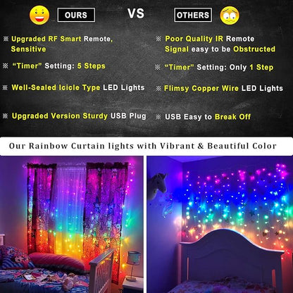 Rainbow Fairy String Curtain Lights with Remote, Twinkle LED Ombre Light Curtain for Girls Room, Kid's Bedroom, Teen Room, Unicorn Theme, Party, Easter Décor Gift (Rainbow)