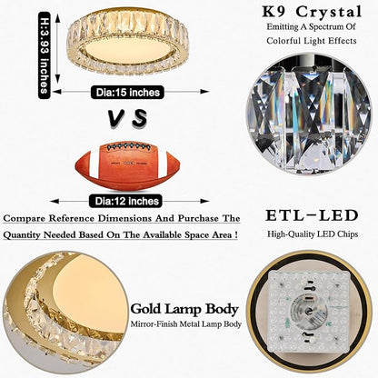 Crystal Dimmable Flush Mount Ceiling Light, Gold Modern LED Close to Ceiling Light Fixture with 5CCT 2700K-6000K, Round Kitchen Lighting for Bedroom Laundry Room, Hallway, Living room (15in 36W)