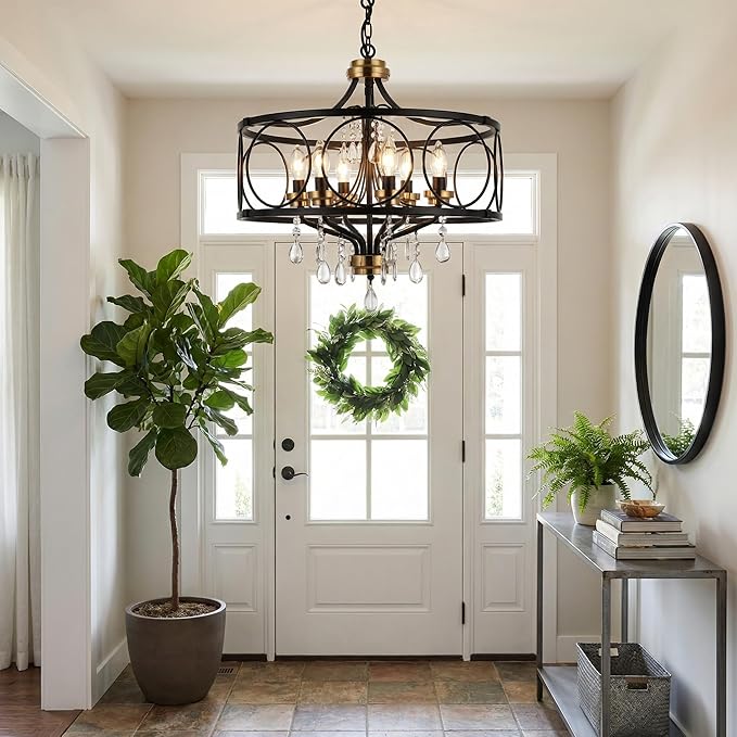 Modern Chandelier Black Metal Crystal Hanging Light 6 Light Dining Room Pendant Lighting Fixture for Farmhouse Bedroom Living Room Kitchen Entryway E12 Bulbs Not Included