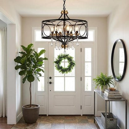 Modern Chandelier Black Metal Crystal Hanging Light 6 Light Dining Room Pendant Lighting Fixture for Farmhouse Bedroom Living Room Kitchen Entryway E12 Bulbs Not Included