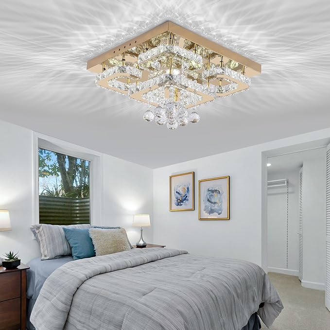 18 inch Flush Mount Chandelier Crystal Ceiling Light with Remote Control/APP, 3CCT Dimmable&Brightness Adjustable, Modern Crystal Raindrop Gold Chandeliers for Bedroom Hallway Dinning Room Living Room