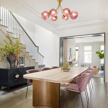 8-Light Sputnik Pink Chandelier Vintage Flush Mount Ceiling Light with Globe Glass Pendant Lights Gold Chandeliers for Dining Room Bedroom Living Room