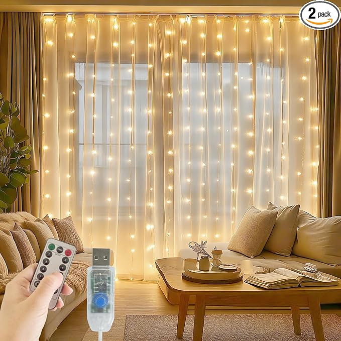 2 Pack Fairy Curtain Lights, 200 LED Upgraded Tangle-Free Hanging Lights with Remote, USB Plug in String Lights for Wall Window Wedding Party Xmas Home Décor - 6.6 x 6.6 Ft, Warm White