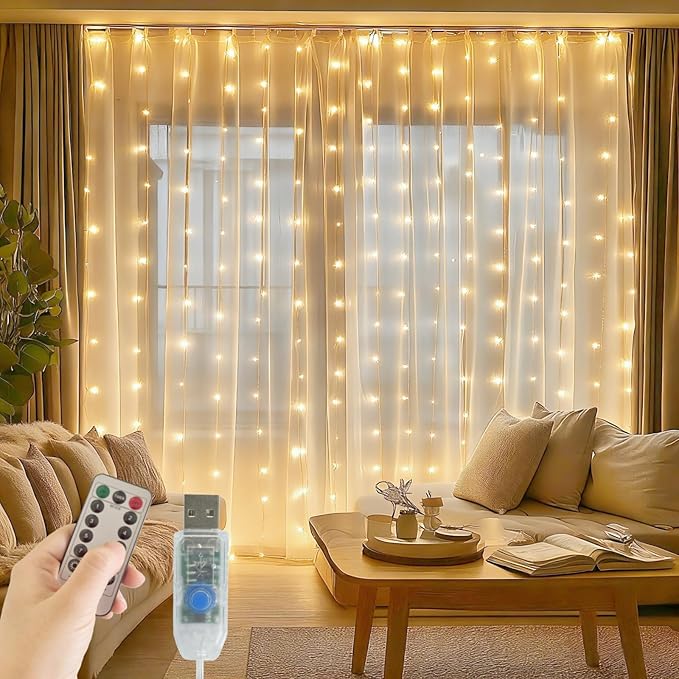 Fairy Curtain Lights, 200 LED Upgraded Tangle-Free Hanging Lights with Remote, USB Plug in String Lights for Bedroom Wall Window Wedding Party Xmas Home Décor - 9.8 x 6.6 Ft, Warm White
