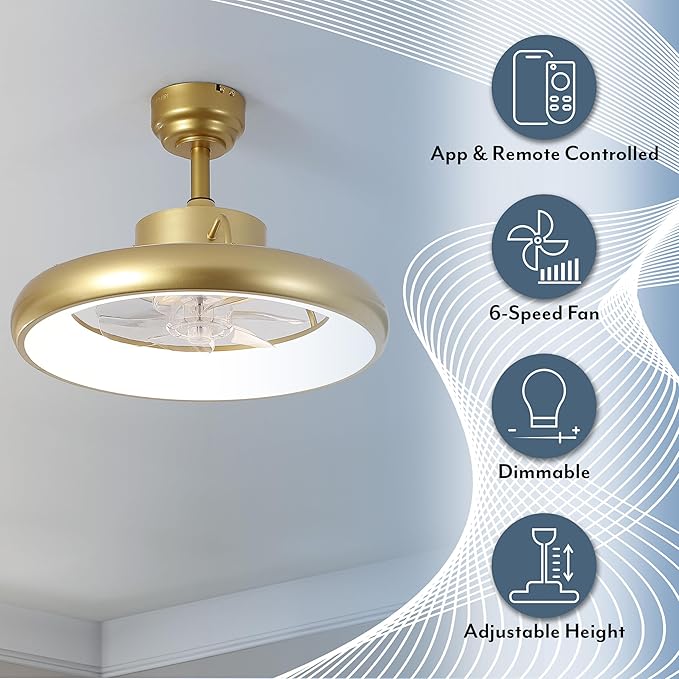Oval AIR Loren 20" Small Smart Ceiling Fan with Light, Semi Flush Mount, Quiet 6-Speed Reversible Motor, Dimmable LED, Adjustable CCT, App & Remote Control, Modern Glam, Gold AIR8002A