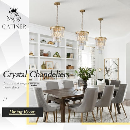 Modern Crystal Pendant Light for Kitchen Island, Mini Gold Crystal Light Fixture Luxury for Dining Room, K9 Ceiling Pendant Light 3 Tiers for Hallway Bedroom Closet