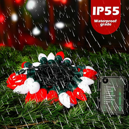 RECESKY C7 Bulbs Christmas String Lights with Remote - 50 LED 26ft Battery String Lights - Fairy Christmas Lighting for Garden Decor Bedroom Porch Xmas Ornament Christmas Decorations - Red White