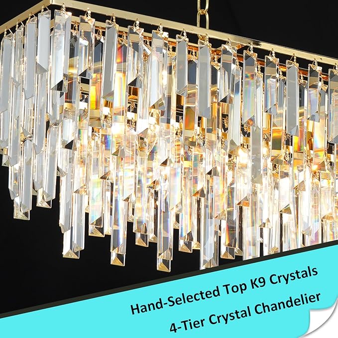 Linear Chandeliers for Dining Room, 12 Lights Rectangle Crystal Chandelier Modern Gold Pendant Light Fixture 40" for Dining Room Kitchen Table Living Room