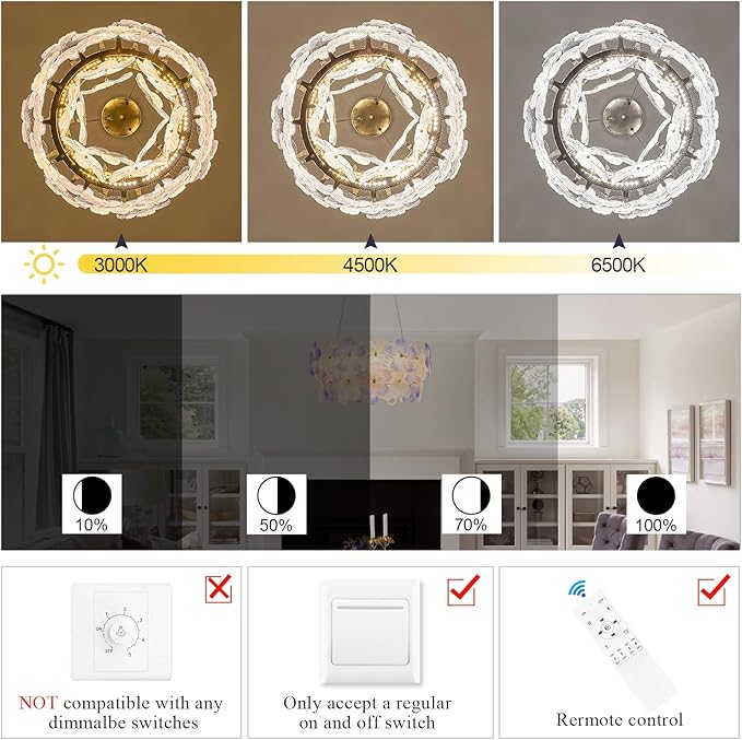Modern Purple Flower LED Chandelier 20'' Gold Elegant Crystal Lighting for Dining Room Dimmable Ceiling Pendant Light Fixture with Remote Control for Entryway Bedroom Kitchen(3000K-6500K)