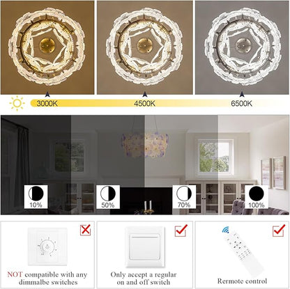 Modern Purple Flower LED Chandelier 20'' Gold Elegant Crystal Lighting for Dining Room Dimmable Ceiling Pendant Light Fixture with Remote Control for Entryway Bedroom Kitchen(3000K-6500K)