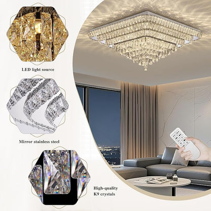 COCOSTAR Crystal Chandeliers, Modern Led Luxury Chandelier, 42" Suqare Flush Mount Chandelier Ceiling Light, Raindrop Chandeliers for Dining Room, Living Room, Bedroom
