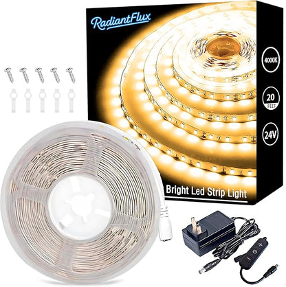 RadiantFlux 20Ft 4000K LED Strip Lights, Soft Natural Light Indoor Strips, Dimmable Flexible Bright LED Tape for Kitchen, Living Room and Vanity Mirror
