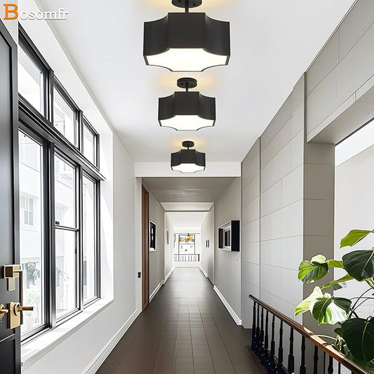 Modern Black 3-Light Ceiling Light Fixture, 12.6'' Metal Industrial Semi Flush Mount Close to Ceiling Light, Farmhouse Light Fixtures Ceiling Mount, Geometry Chandelier for Kitchen, Hallway