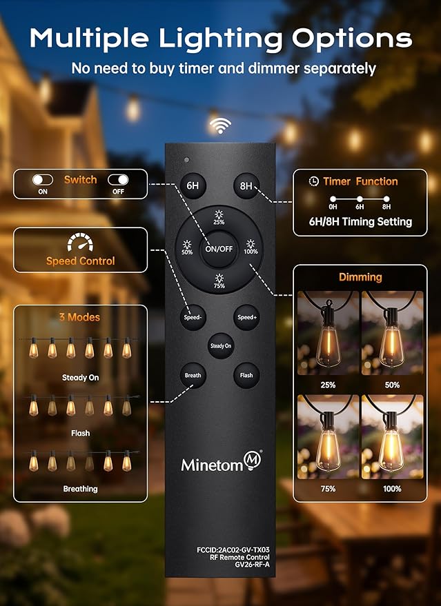 Minetom 55FT Outdoor String Lights with Remote, 25+2 Shatterproof ST38 LED Bulbs, Waterproof Patio Lights with 3 Modes, Dimmable & Connectable 2700K Hanging Lights for Backyard Porch Deck Balcony