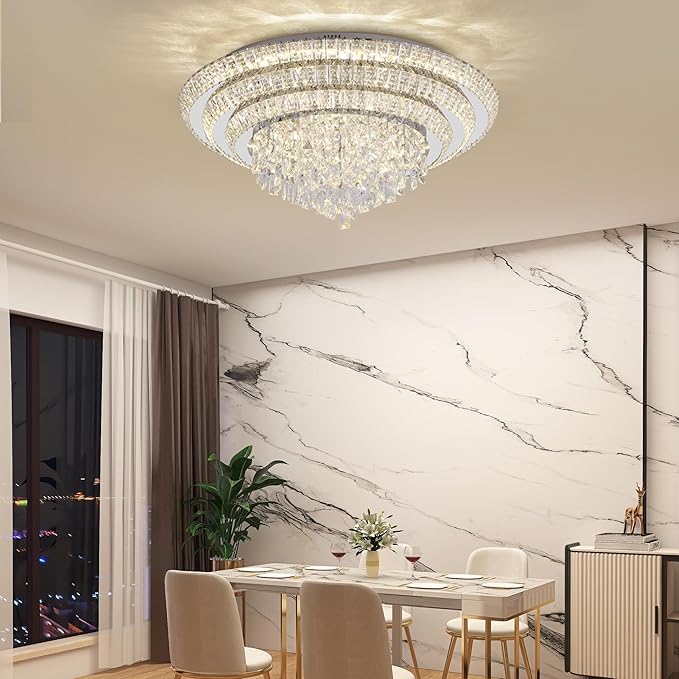 30 inch Crystal Silver Ceiling-Light Flush Mount With Remote Control and APP, 3CCT Dimmable & Brightness Adjustable, Modern Crystal Raindrop Chandeliers for Bedroom Hallway Dinning Room Living Room