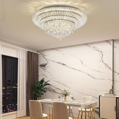 30 inch Crystal Silver Ceiling-Light Flush Mount With Remote Control and APP, 3CCT Dimmable & Brightness Adjustable, Modern Crystal Raindrop Chandeliers for Bedroom Hallway Dinning Room Living Room