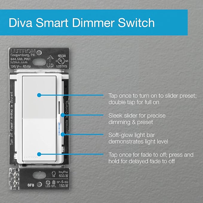 Lutron Diva Smart Dimmer Switch with Wallplate and Pico Smart Remote for Caseta Smart Lighting, Works w/ Alexa, Apple Homekit, Google Home (Hub Required), No Neutral Required, White